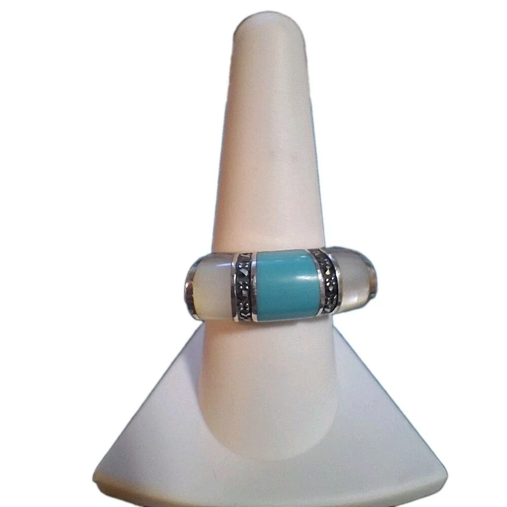 Vtg Sterling Silver 925 Turquoise Style Inlay Mother of Pearl Marcasite Sz 8.75